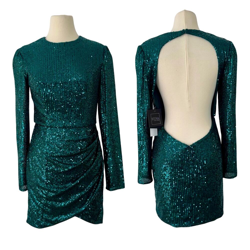 Ieena Mac Duggal Open-Back Sequin Cocktail Mini Dress Draped Emerald Green 6 NWT